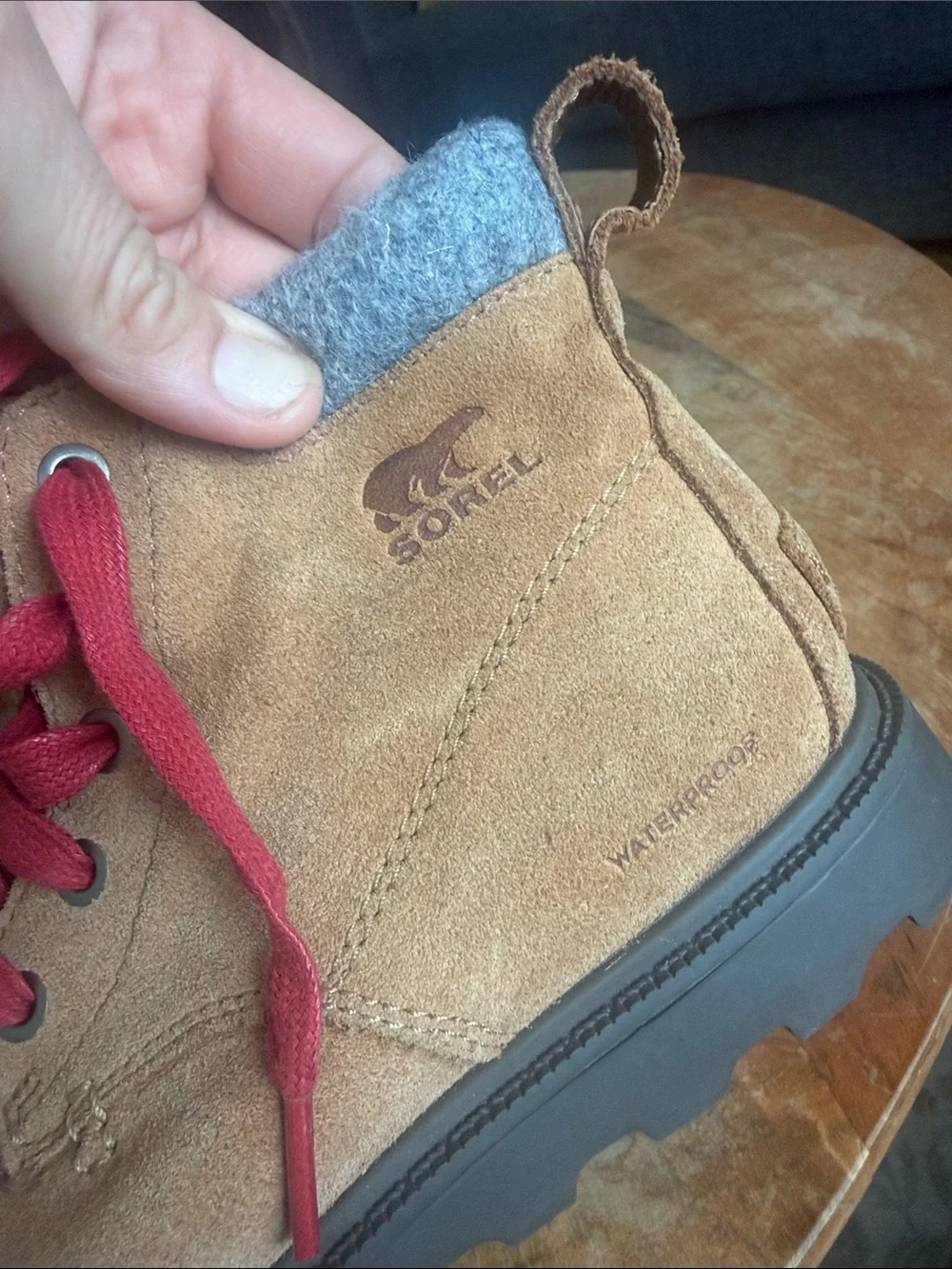 Sorel Tan Suede Ankle Boots with Red Laces